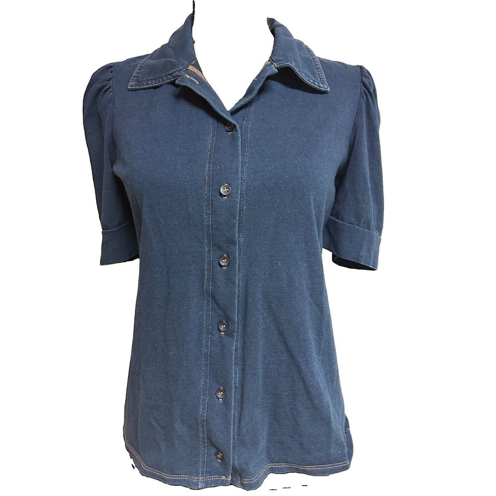 Cyrus Womens Size M Top Navy Blue Button Up Collared With Short Sleeve